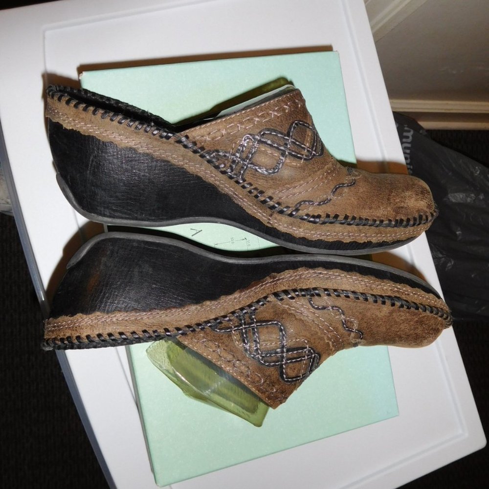 Clarks Brown Leather Wedge Clogs with Black Soles